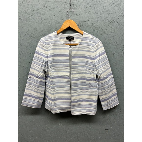 Talbots Petite Striped Jacket Women's Size 8P Blue White Cotton Blend Open Front - Picture 1 of 9